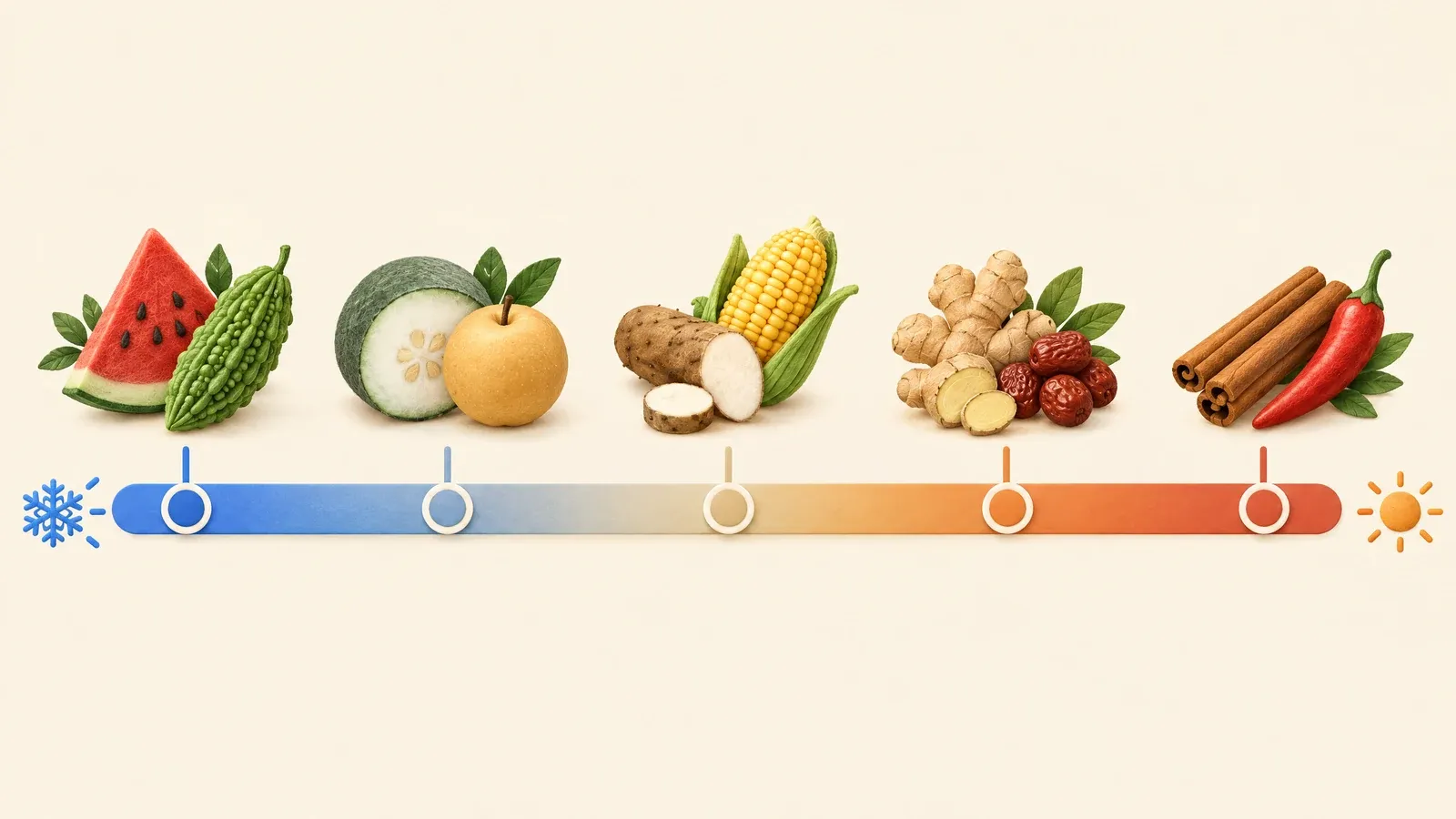 Food-nature scale from cold to hot: a blue-to-orange bar topped by watermelon and bitter melon, winter melon and pear, Chinese yam and corn, ginger and red dates, and cinnamon and chilli.