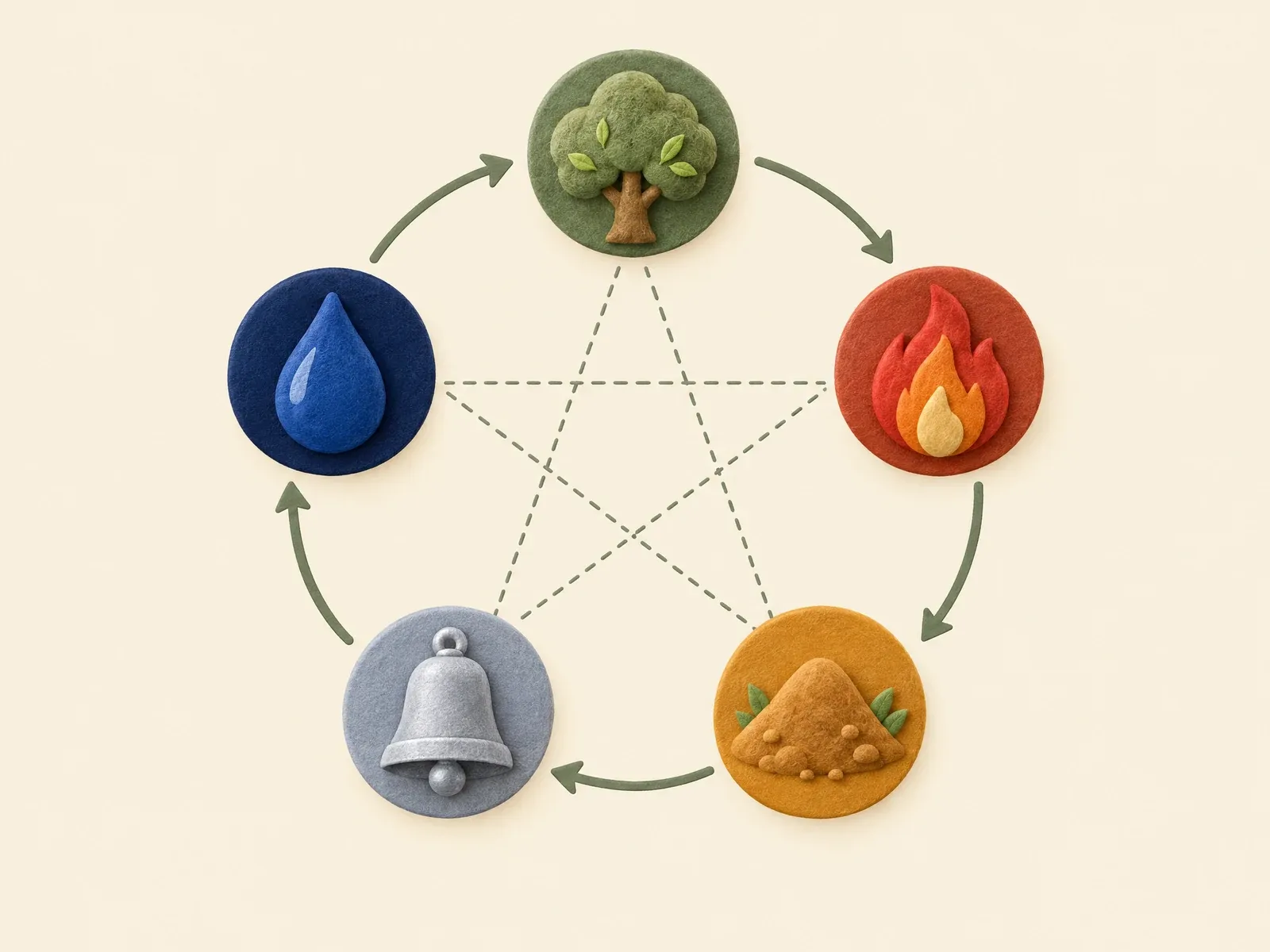 Five-elements diagram: a tree (wood), flame (fire), earth (earth), bell (metal) and water drop (water) in a circle. Outer arrows show how each nourishes the next; the dashed star inside shows how each restrains another.