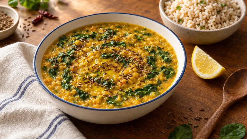 Turmeric red lentil dal with spinach