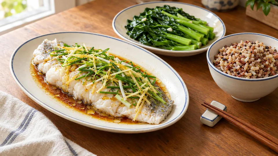 Ginger & spring onion steamed fish with mixed-grain rice and choy sum