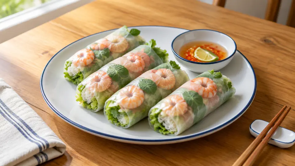 Pomelo and prawn rice paper rolls with mint