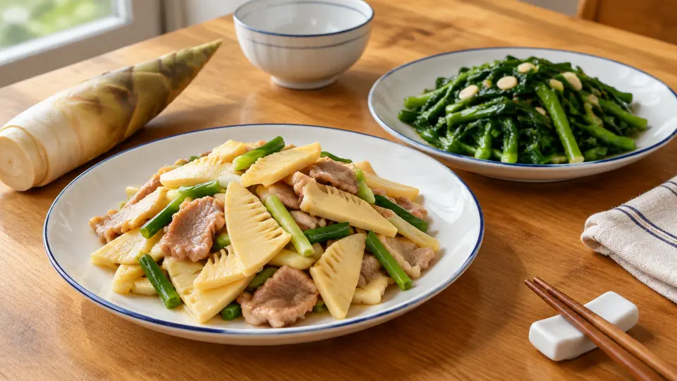 春筍炒肉片配蒜蓉菠菜