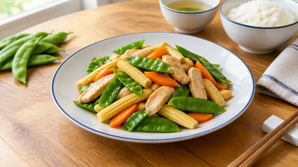 荷蘭豆粟米仔炒雞柳