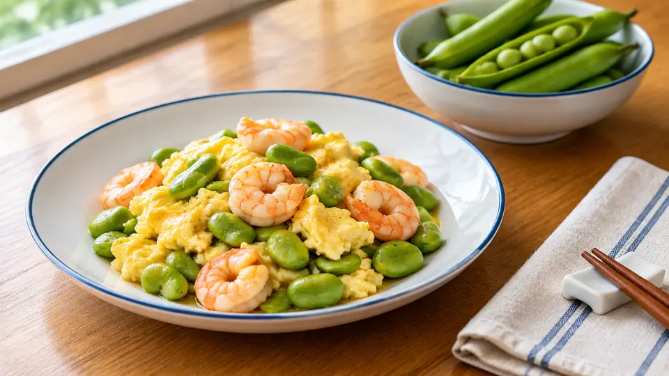 Scrambled eggs with broad beans and prawns