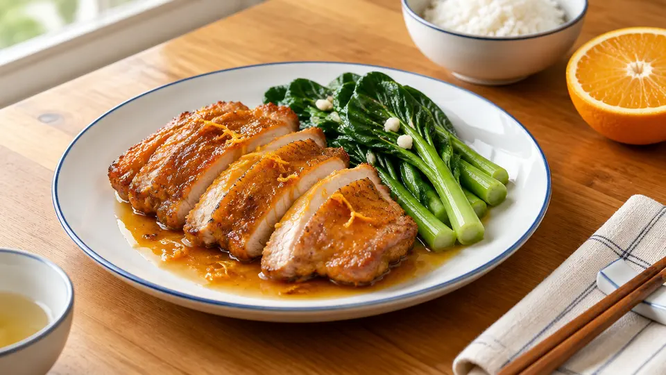 Orange-glazed chicken thigh with garlic choi sum