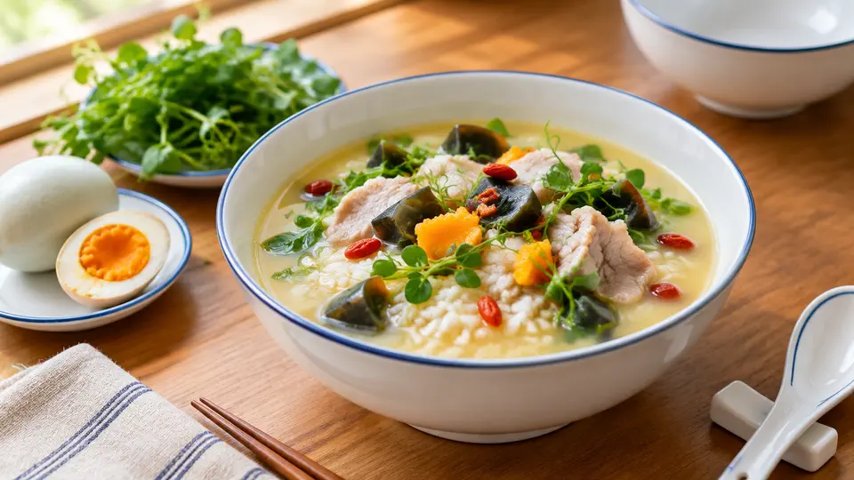 Pea shoot soup rice with century & salted eggs