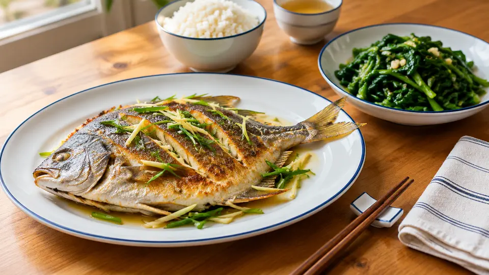 香煎鯧魚配蒜蓉菠菜