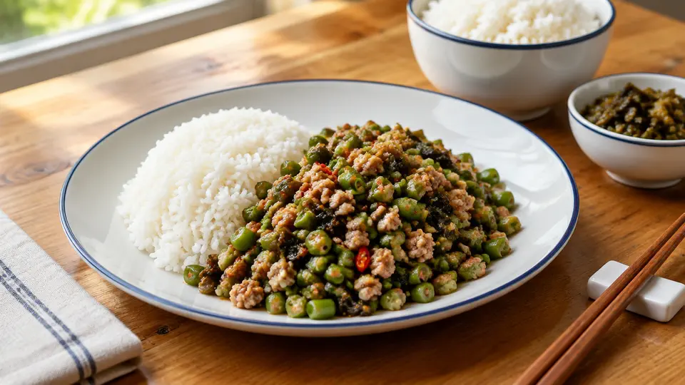 欖菜肉碎炒豆角飯