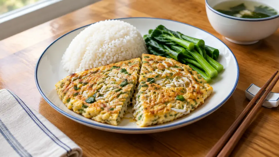 Whitebait omelette with rice and blanched greens
