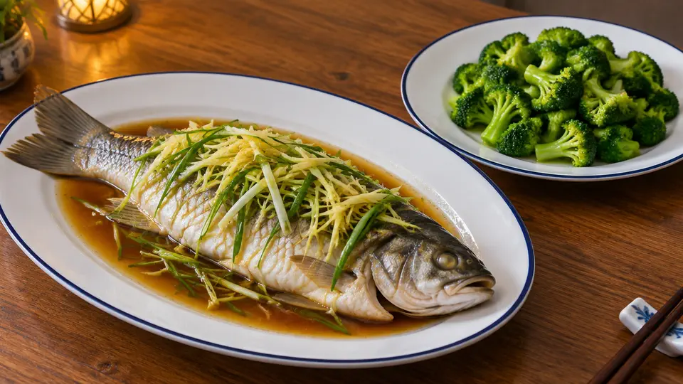 Steamed grass carp with broccoli