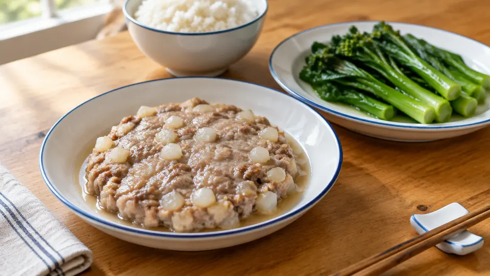 慈菇蒸肉餅配芥蘭飯