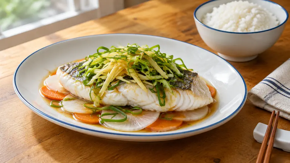 Steamed sea bass with Chinese yam and carrot, with rice