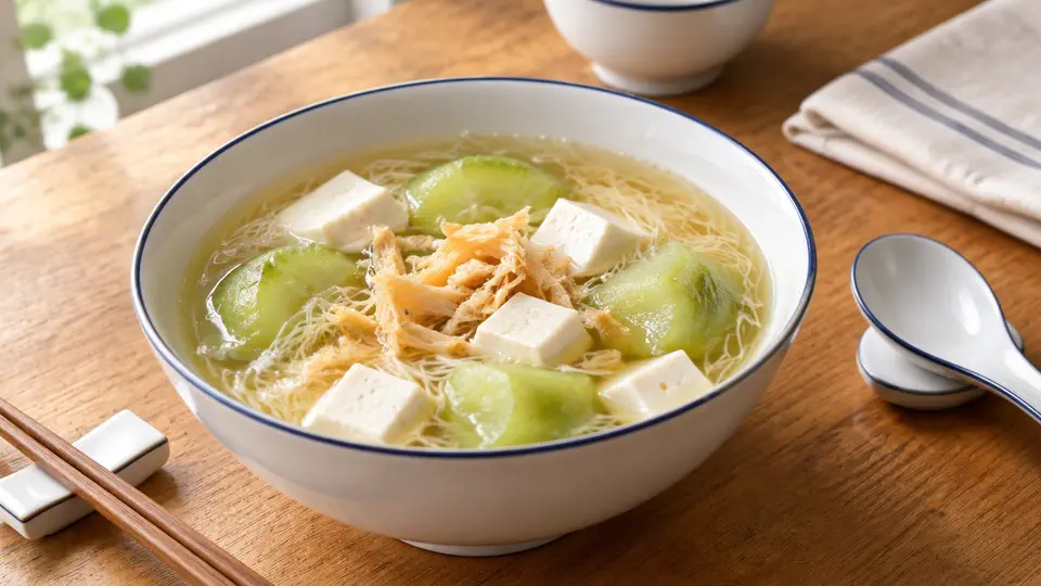 Dried scallop, luffa and tofu soup with wheat vermicelli