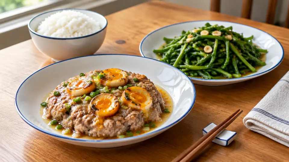 鹹蛋蒸肉餅配蒜蓉通菜