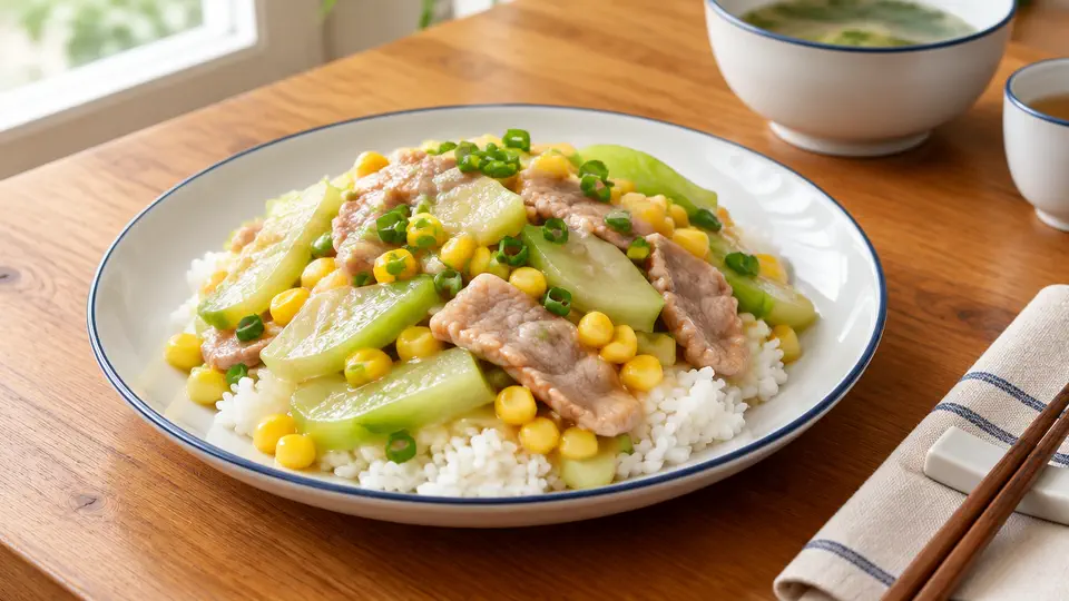 Chayote, sweetcorn and pork in light sauce over rice