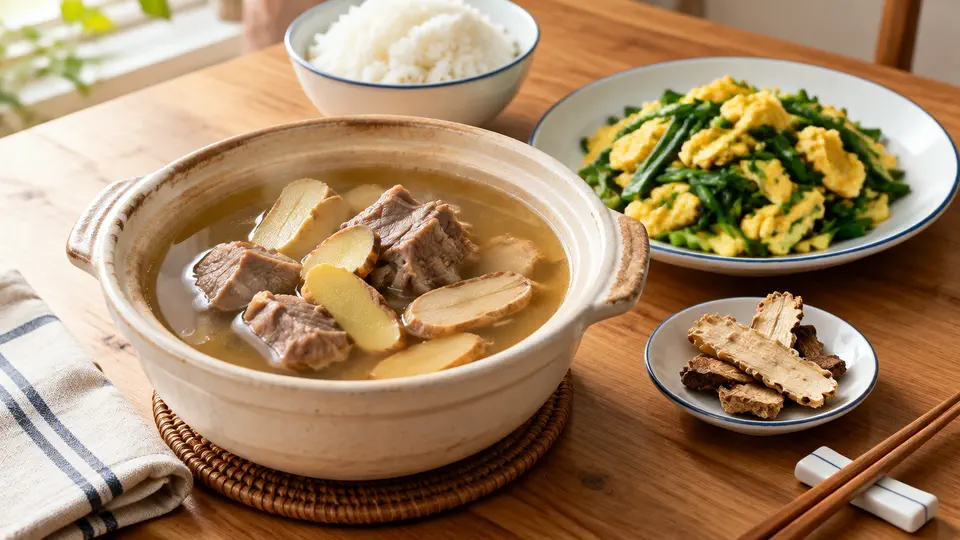 當歸生薑羊肉湯配韭菜炒蛋