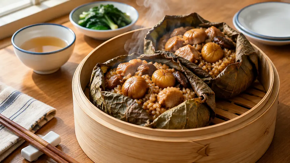 Lotus leaf sticky rice with chicken and chestnuts