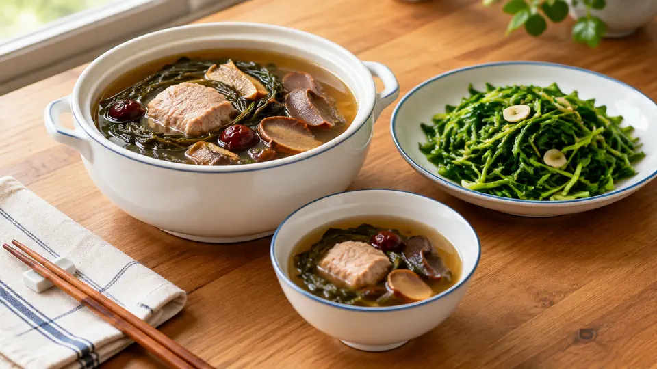 白菜乾豬腱湯配炒豆苗