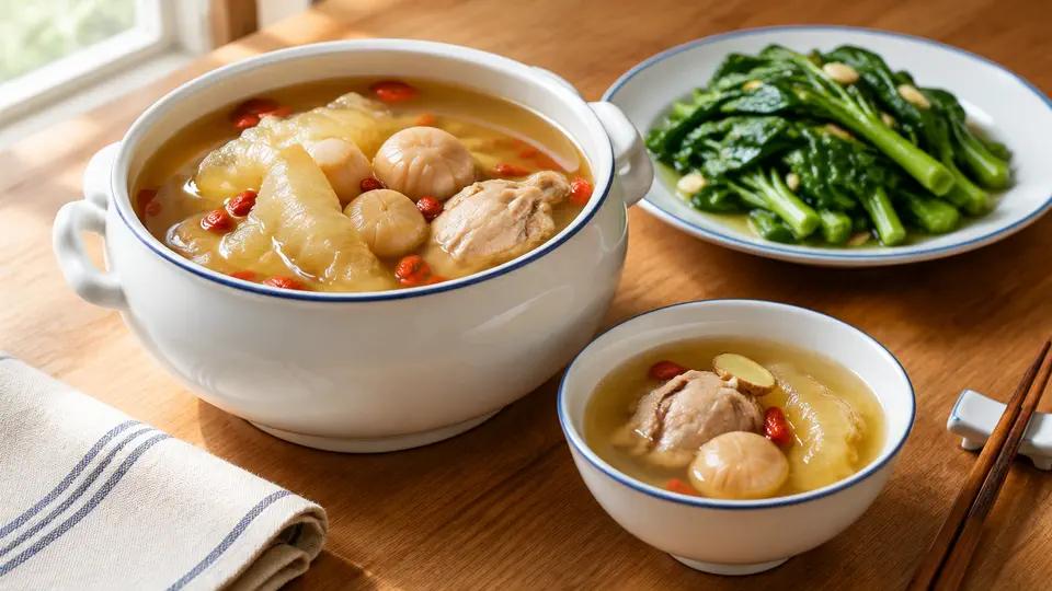 Fish maw, dried scallop and chicken soup with stir-fried choi sum