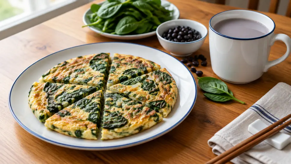Spinach & onion egg pancake with black soy milk