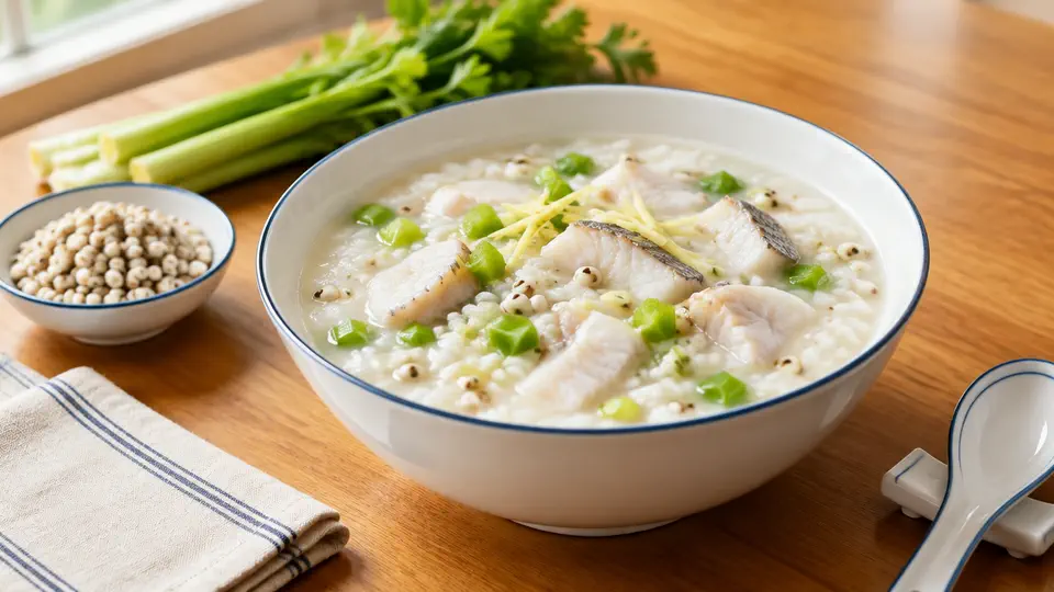 Celery, Job's tears & fish slice congee