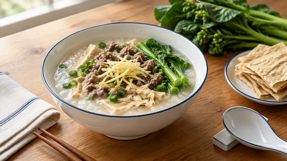 菜心腐竹牛肉粥