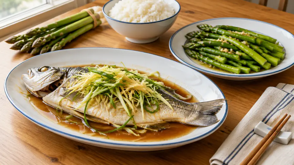清蒸鱸魚配蒜蓉蘆筍