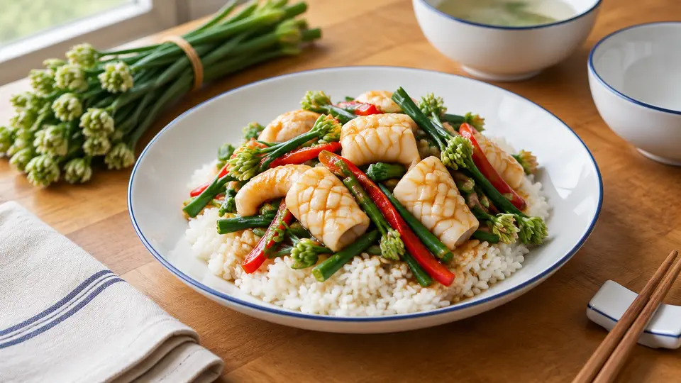Stir-fried squid with flowering chives on rice