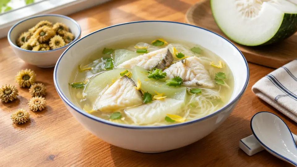 Chrysanthemum, winter melon & fish slice rice noodle soup