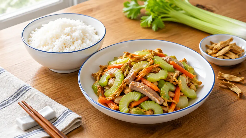 Celery, dried lily flower & pork stir-fry with rice