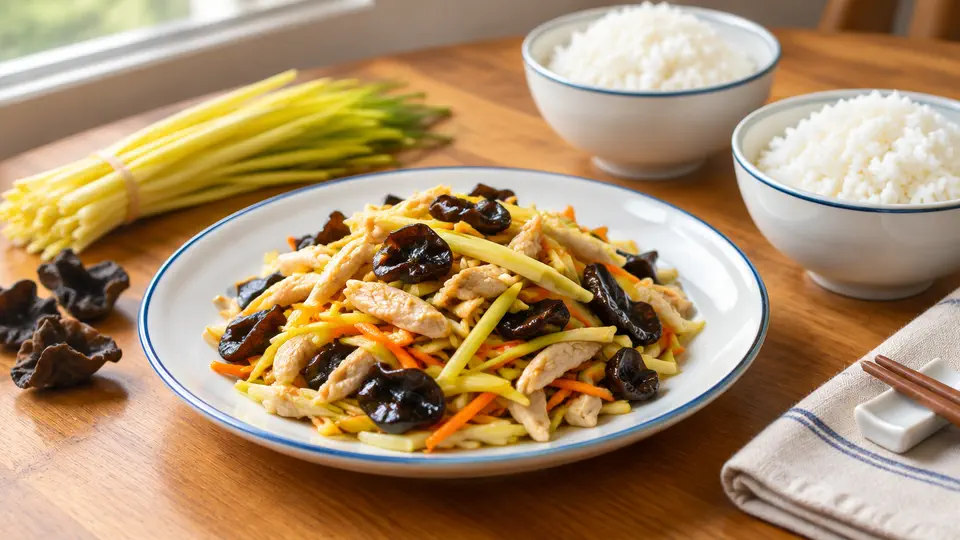 Stir-fried chicken with yellow chives & wood-ear fungus