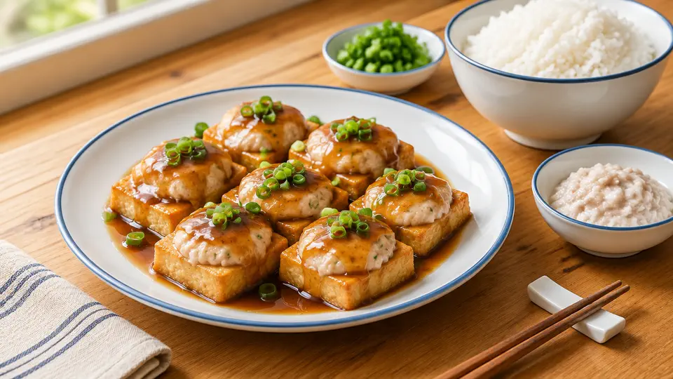 Dace-stuffed tofu with rice