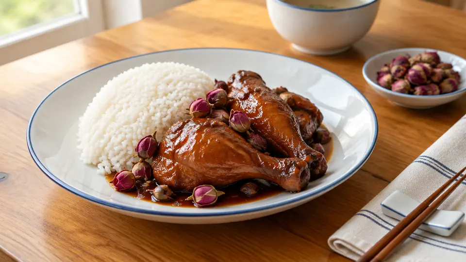 Rose soy sauce chicken legs with rice