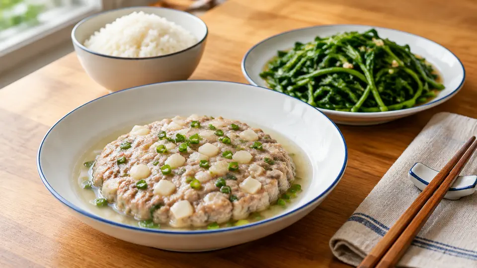 馬蹄蒸肉餅配蒜蓉西洋菜