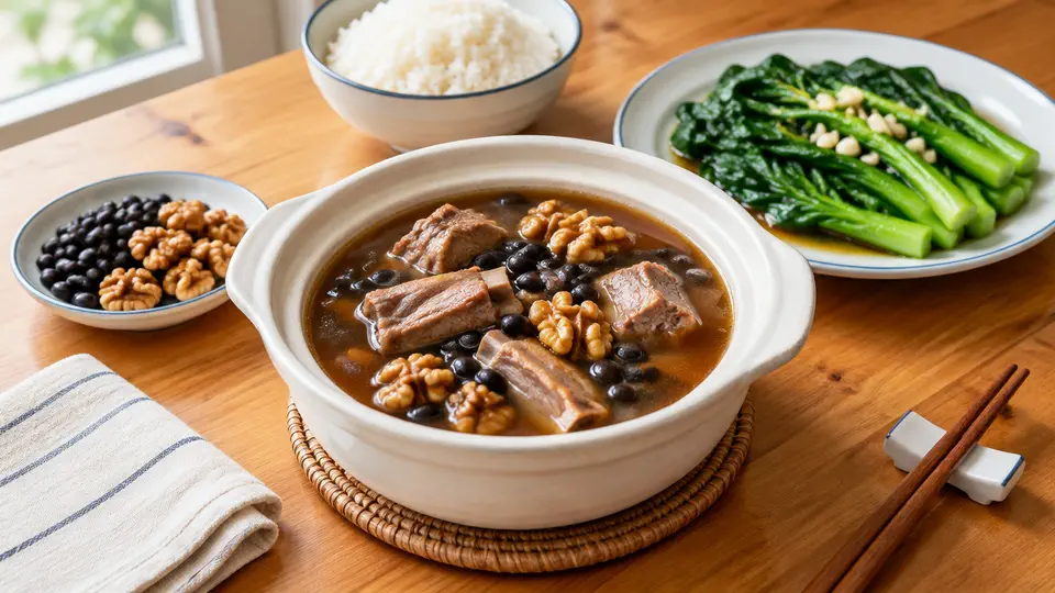 黑豆合桃排骨湯配蒜蓉菜心