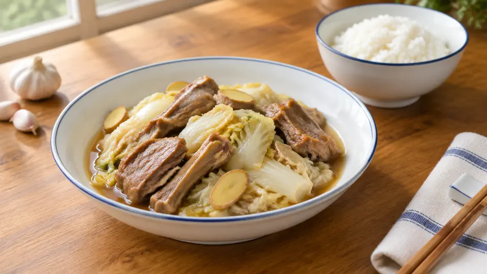 Braised duck with napa cabbage on rice