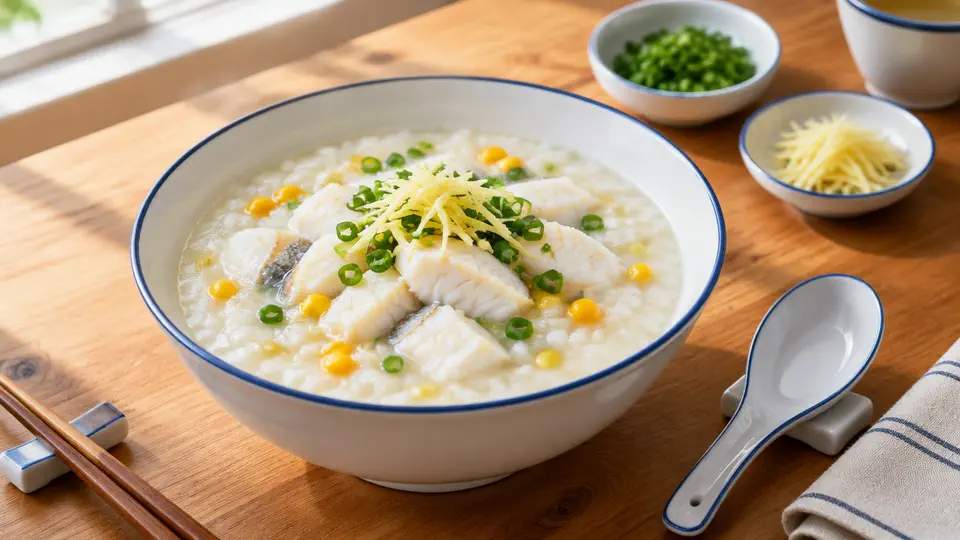 Sweetcorn and fish slice congee