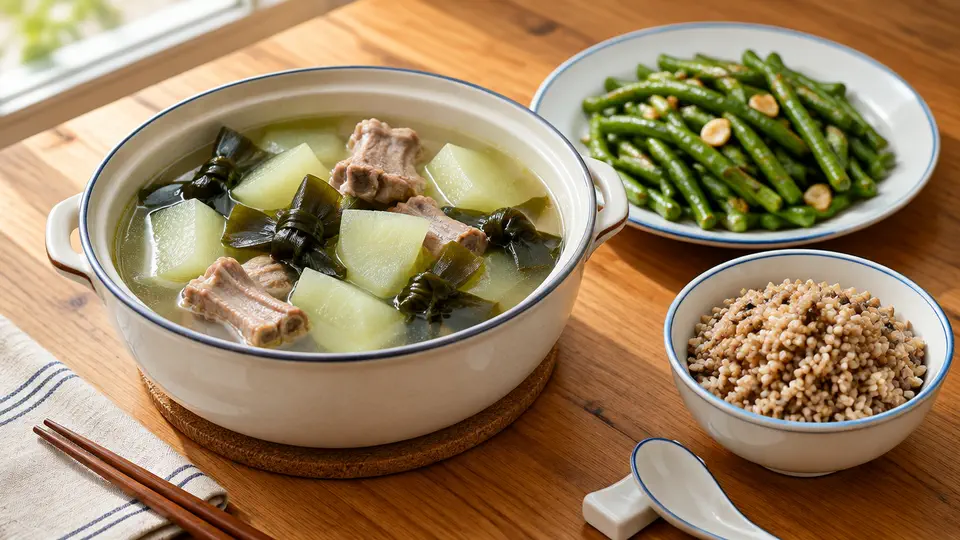 冬瓜海帶排骨湯配炒豆角