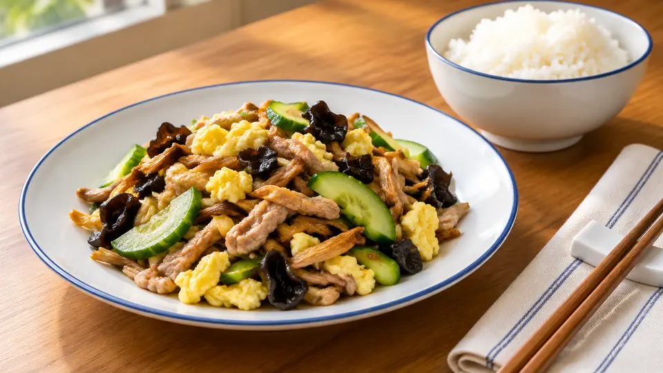 Moo shu pork with wood ear and day lily on rice