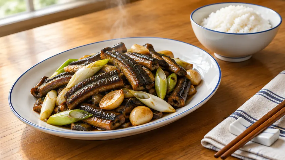 Wok-tossed swamp eel with leek and garlic