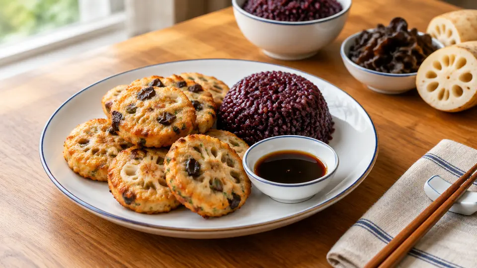 Air-fried lotus root & dace fish cakes with black rice