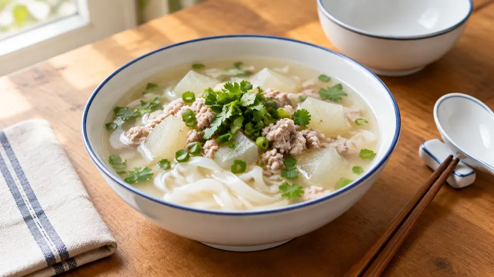 Winter melon and minced pork ho fun soup