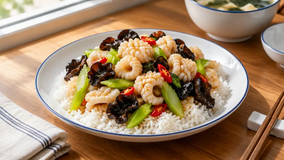 Stir-fried squid with wood ear and celery on rice
