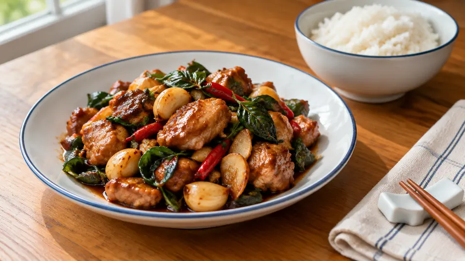 Three-cup chicken with Thai basil on rice