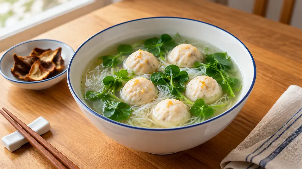 Dace fish ball and pea shoot rice noodle soup with tangerine peel