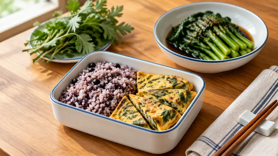 艾草煎蛋配黑豆飯