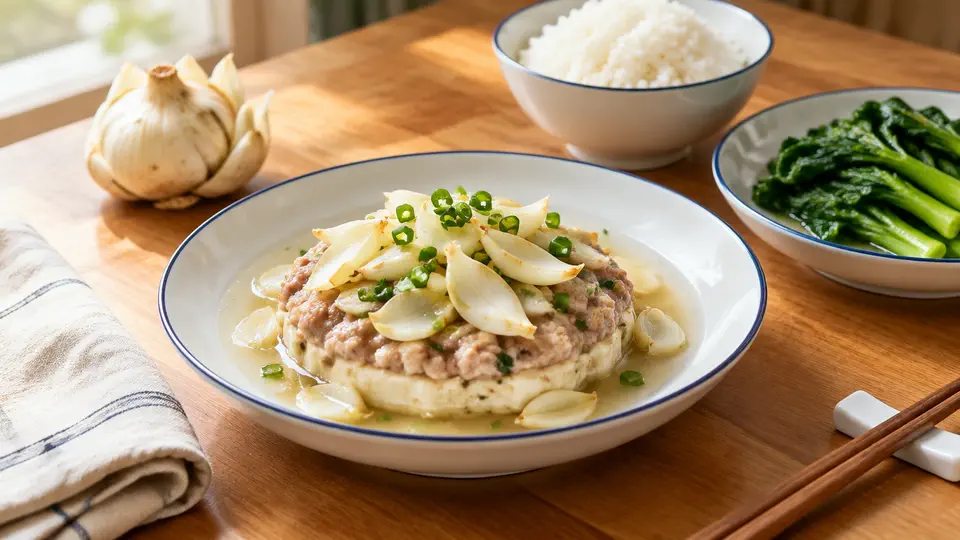 Steamed pork & tofu patty with fresh lily bulb, with rice