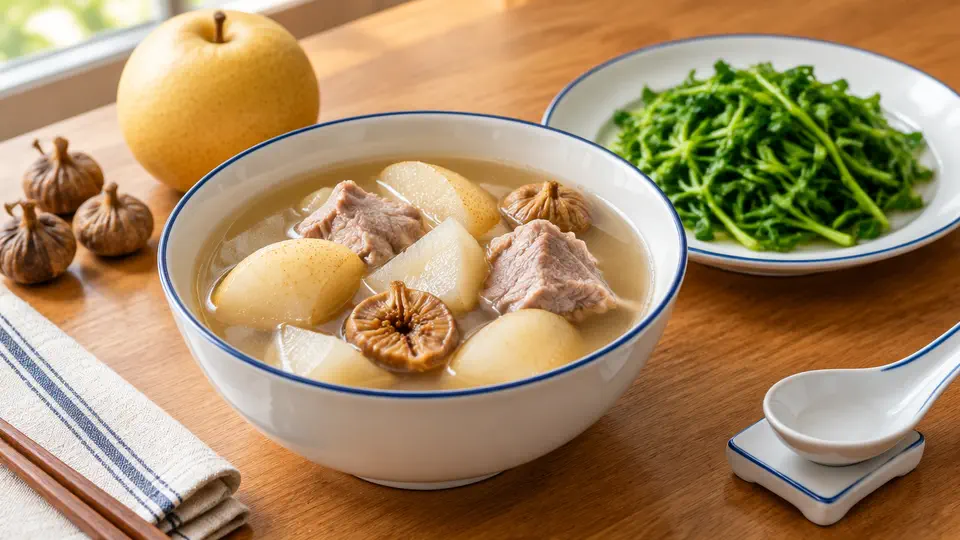 雪梨無花果瘦肉湯配灼豆苗