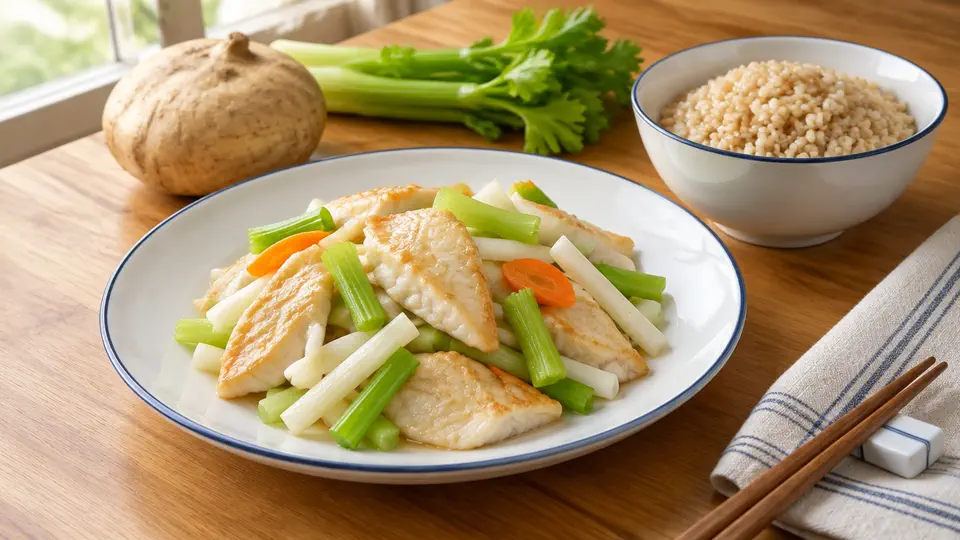Stir-fried jicama, celery & sole with brown rice