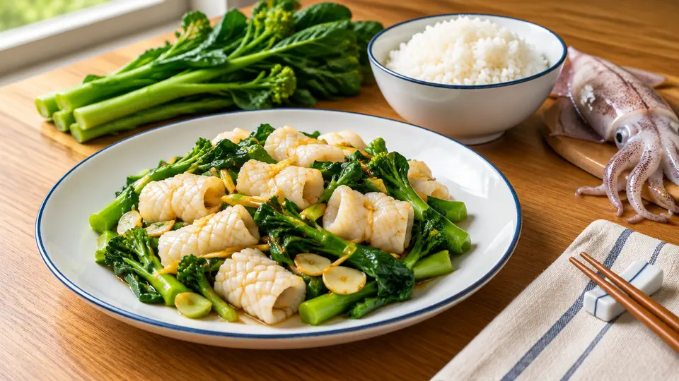 Stir-fried squid with gai lan on rice